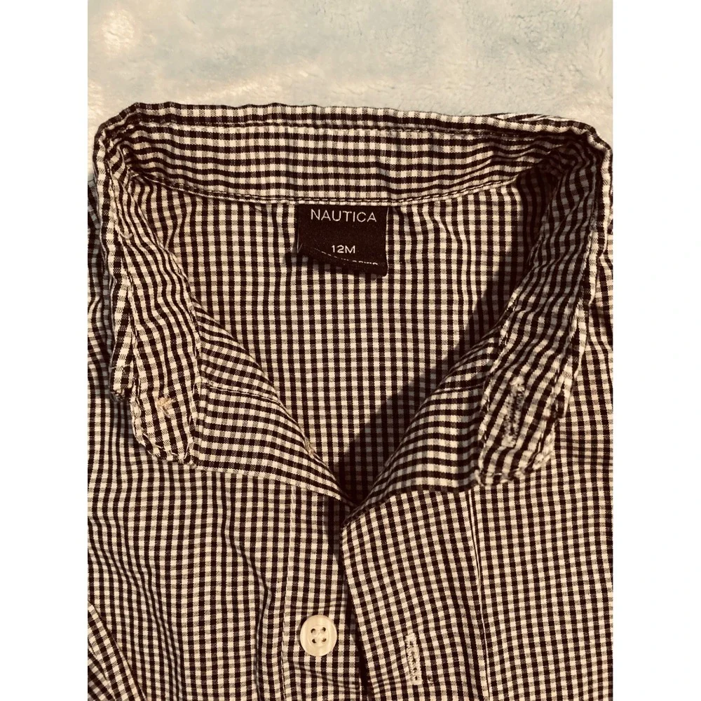 Nautica Boys 12M 2pc Set Gingham‎ Button Down Shirt and Burgundy Pants Outfit